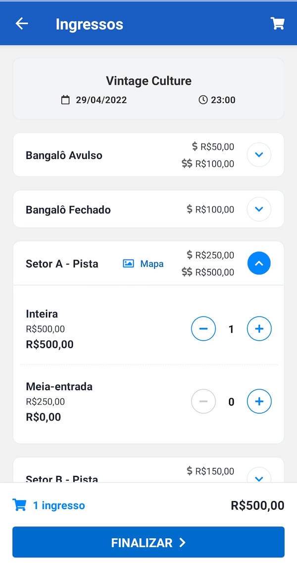 Aplicativo para venda de ingressos na Moderninha