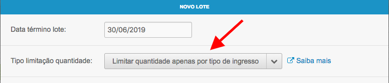 Exemplo de limitação de lote por tipo de ingresso