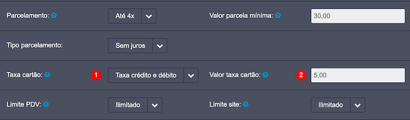 Ativando a taxa adicional para pagamento por cartão