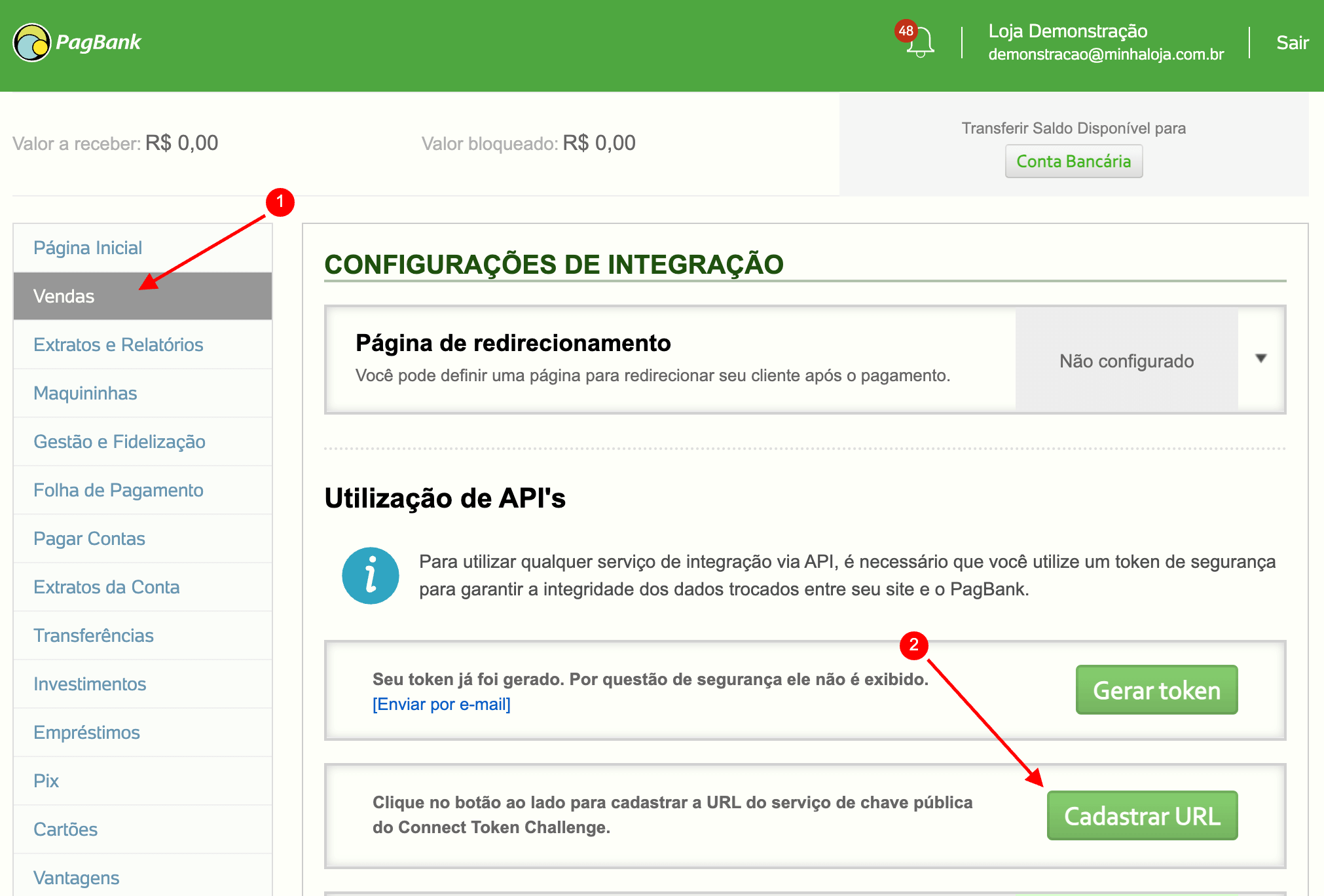 Acessando as configurações de integração do PagBank