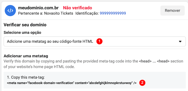 Obtendo o código de verificação de domínio no Facebook