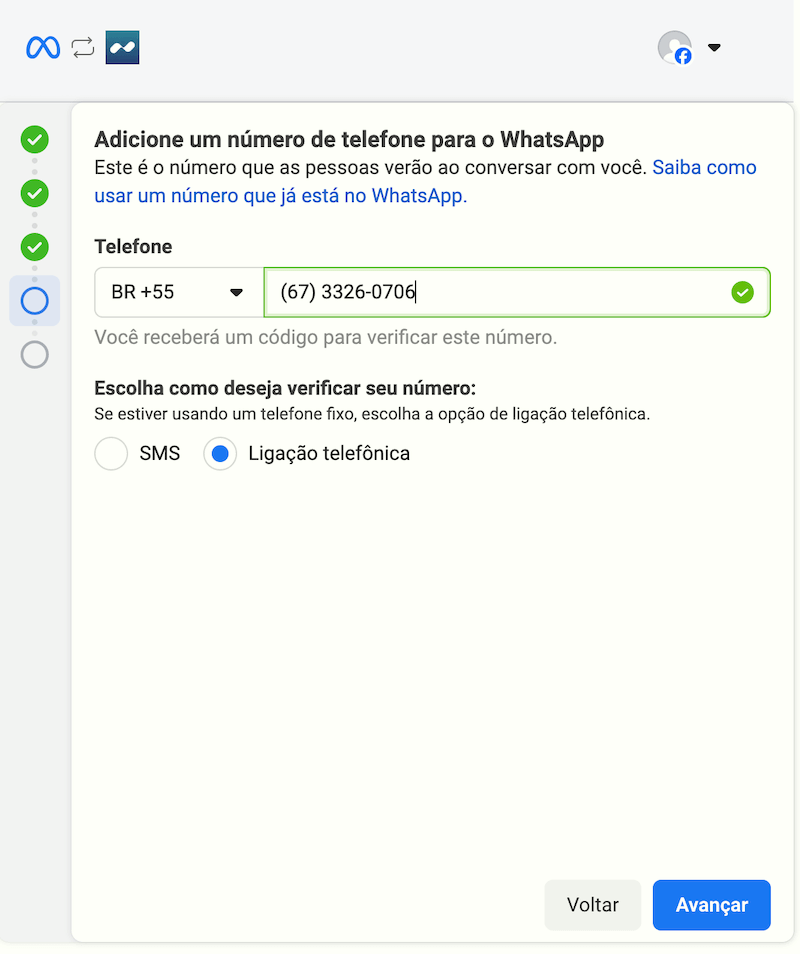 Configurando o telefone de nova conta no WhatsApp Business